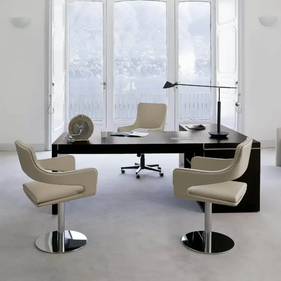Superior 4 Mariani Blade desk with angular form crafted in dark stained wood and saddle leather accents