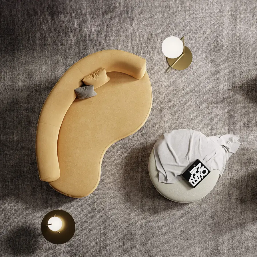 Elegant Swan Italia Venere chaise lounge upholstered in muted yellow textile with a matte finish and wooden frame