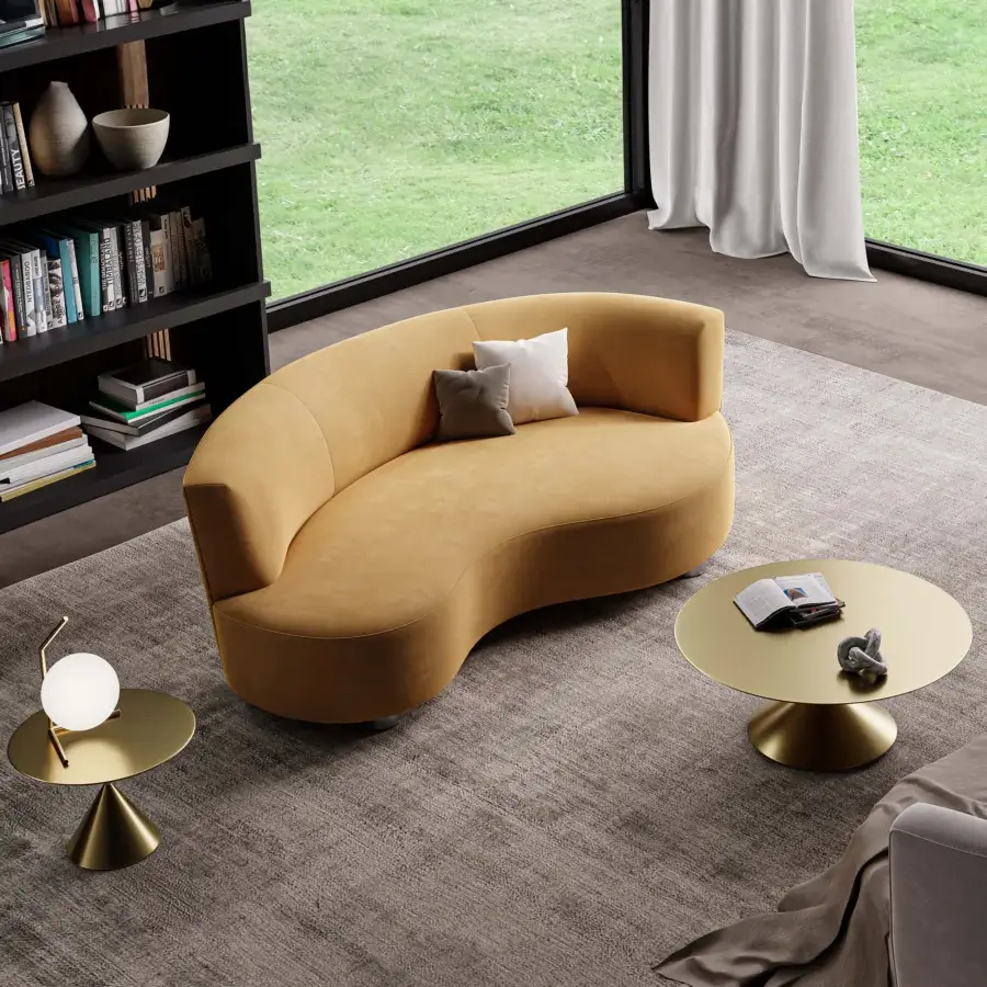 Distinguished Swan Italia Venere chaise lounge embraces users with round shapes and a contemporary muted yellow textile finish crafted in Italy