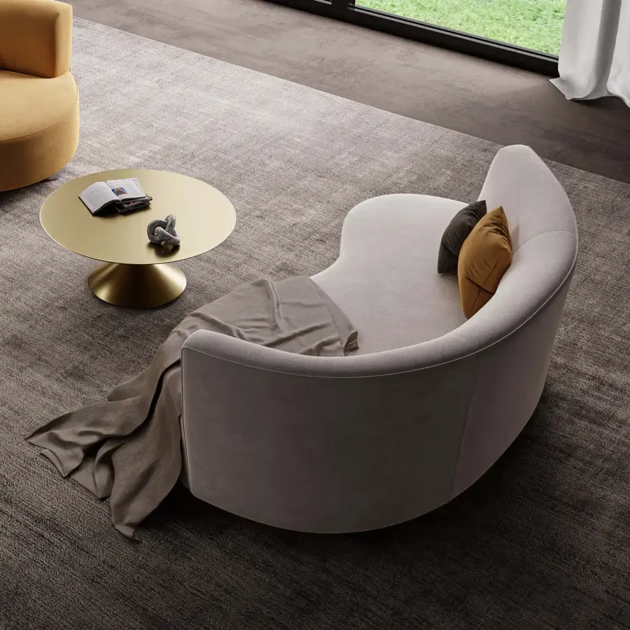 Superior Swan Italia Venere chaise lounge upholstered in light beige fabric with wenge-painted wooden feet and golden yellow pillow