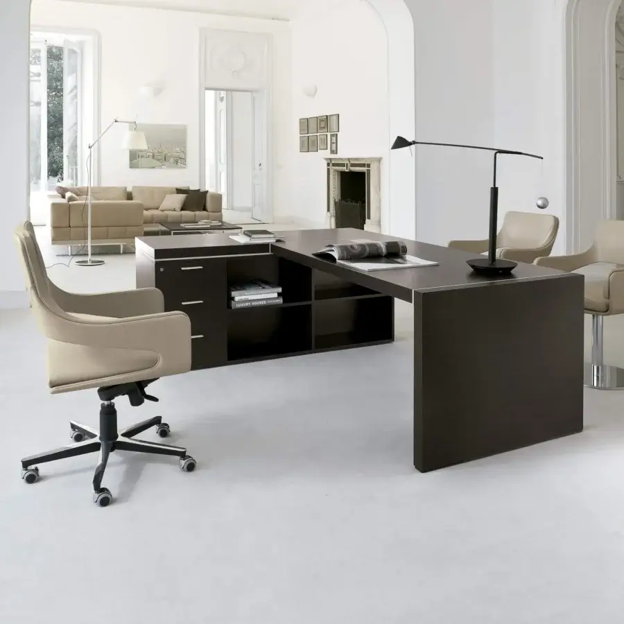 Elegant 4 Mariani Blade desk in dark wood with saddle leather accents and integrated cabinet shelving