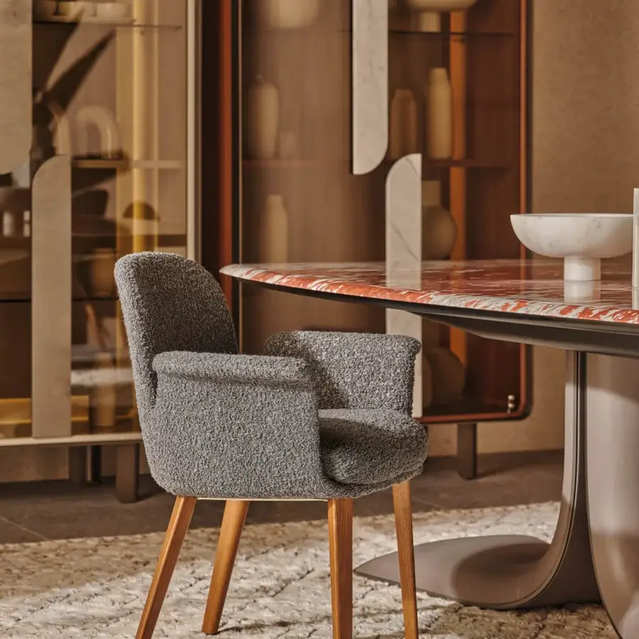 Exclusive Turri Soul table exhibits a serpentine leather leg with a glossy red-and-grey patterned surface and marble accents