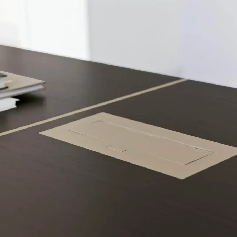Distinguished 4 Mariani Blade desk in dark wood with metallic accents and saddle leather detailing