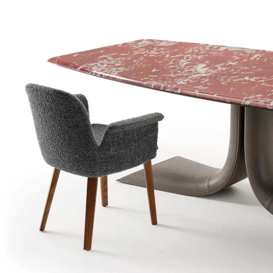 Superior Turri Soul table exhibits a serpentine leather base with a red and white marble top and gray curved pedestal