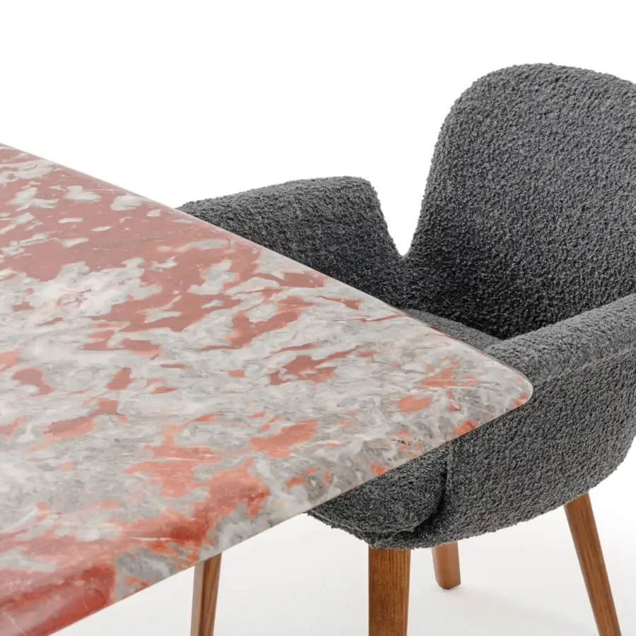 Captivating Turri Soul table exhibits a serpentine leather base with a reddish-brown and greyish-white marble top and natural wood legs