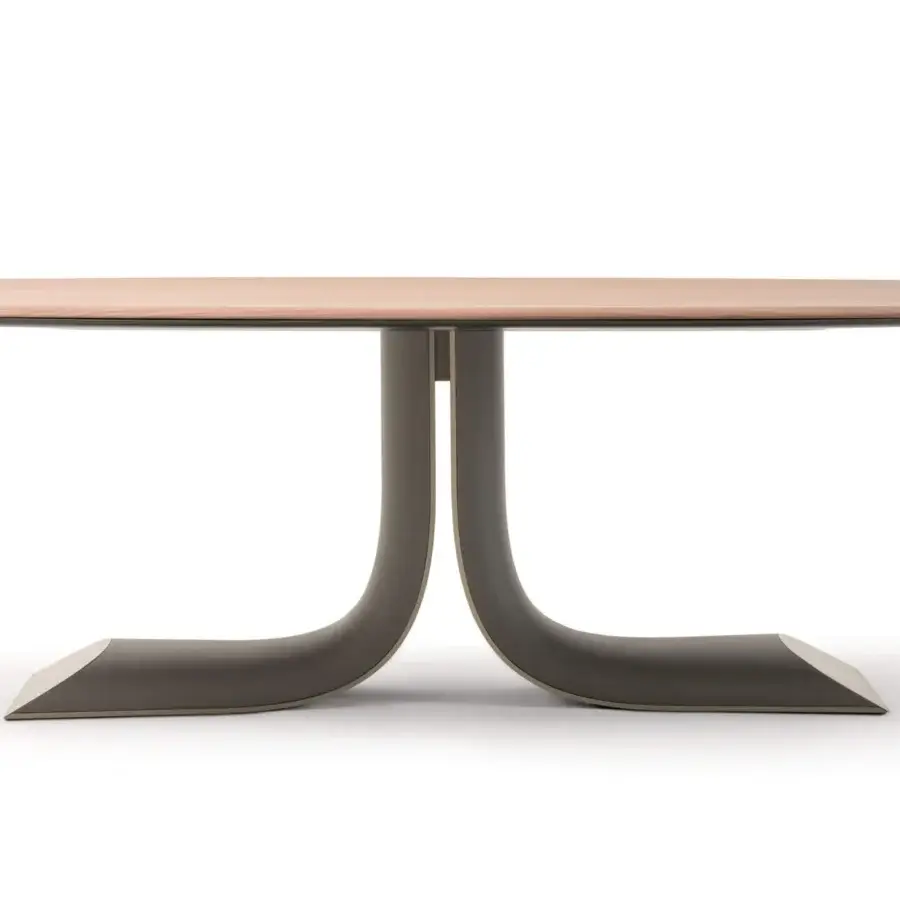 Elegant Turri Soul table exhibits a serpentine leather base with a light brown wooden top and matte grayish-brown finish