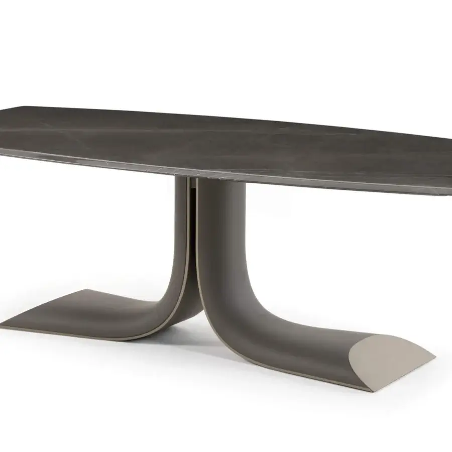 Exceptional Turri Soul table exhibits a dark gray stone-like tabletop with subtle veining and smooth finish, built with a serpentine leather base