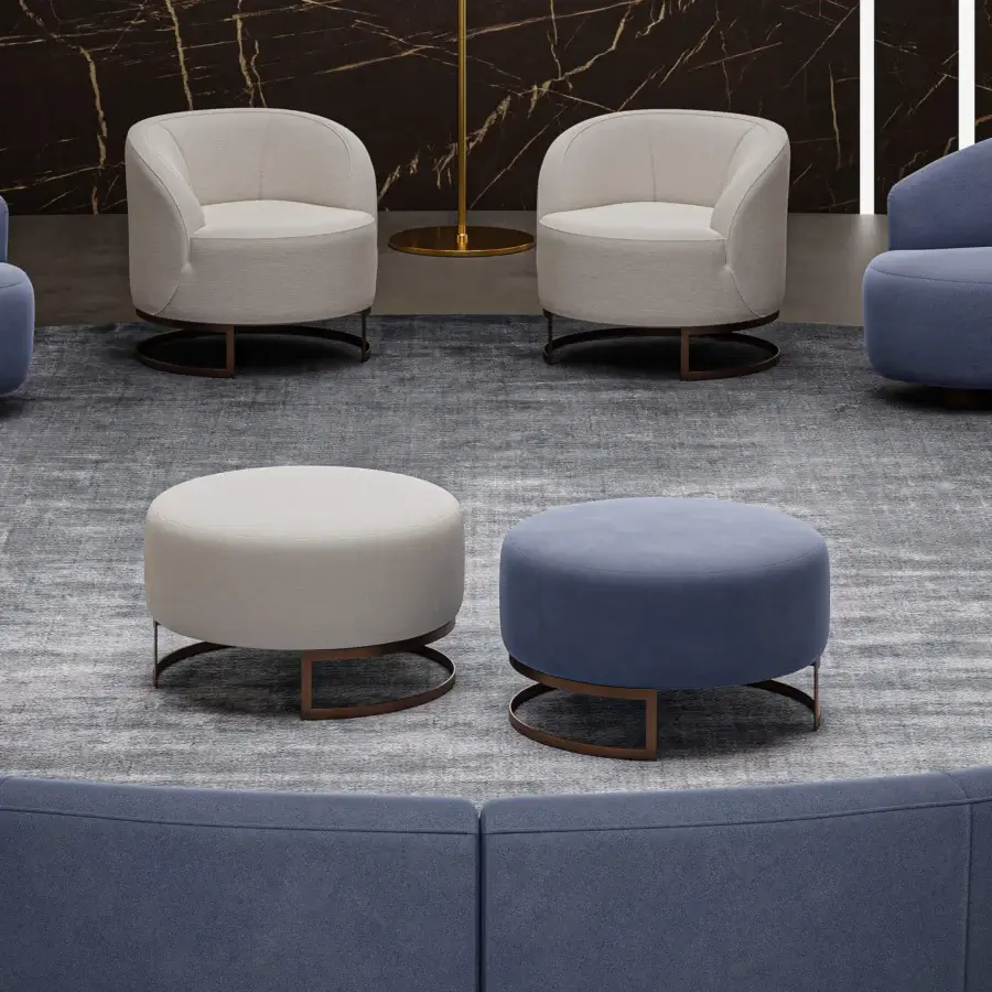 Exclusive Swan Italia Venus ottoman crafted with light beige textile upholstery and a matte finish, detailed with gros-grain piping and a metal base