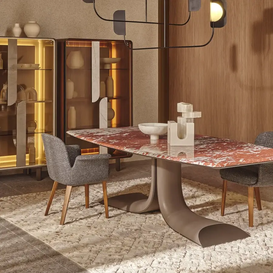 Exceptional Turri Soul table with serpentine leather base and red and white mottled marble tabletop in glossy finish