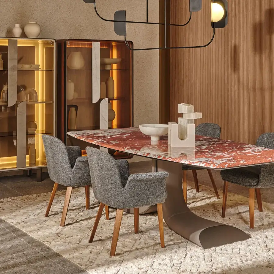 Exclusive Turri Soul armchair with textured gray textile upholstery and light brown walnut wood legs