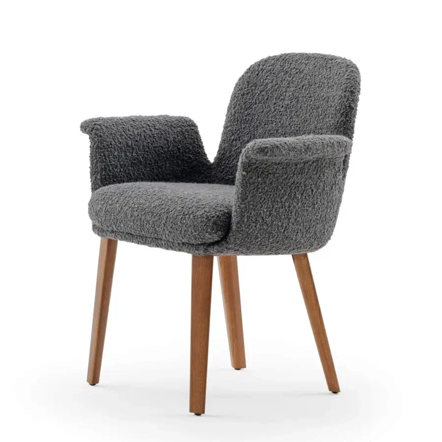 Elegant Turri Soul armchair with textured gray textile upholstery and light-brown walnut wood legs