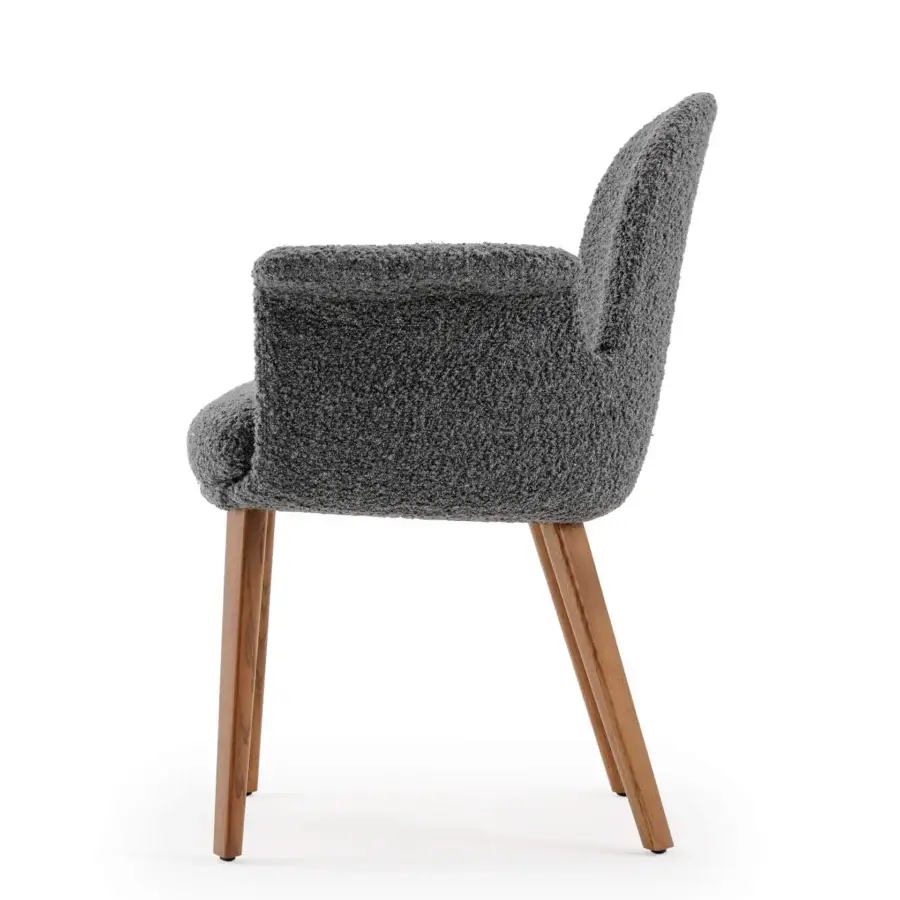 Distinguished Turri Soul armchair with enveloping ergonomic design in gray textured textile and light brown matte walnut wood legs