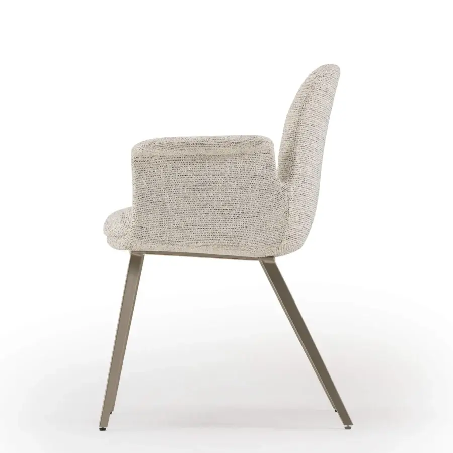 Exclusive Turri Soul armchair with enveloping comfort upholstered in light cream woven textile with angled matte light brown metal legs