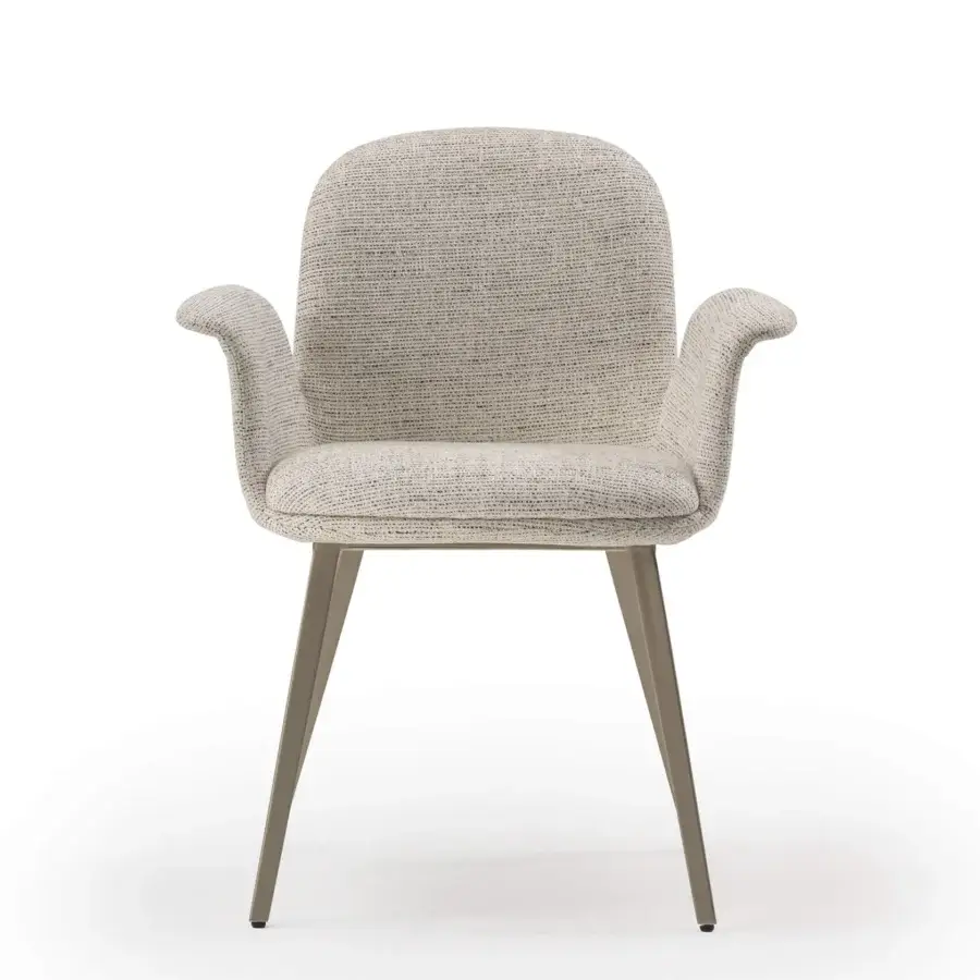 Distinguished Turri Soul armchair with enveloping comfort upholstered in light gray textile and matte taupe metal legs