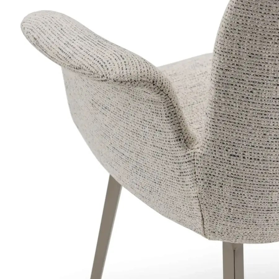 Superior Turri Soul armchair with ergonomic design upholstered in light gray textured fabric and light brown finished metal legs