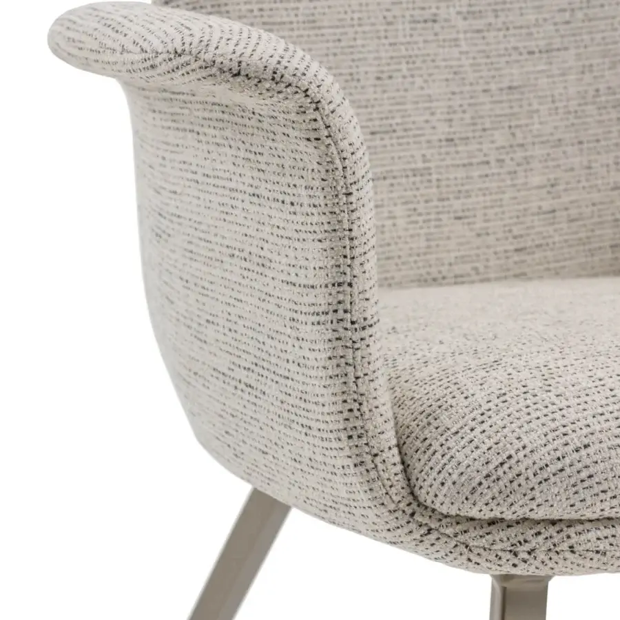 Captivating Turri Soul armchair with ergonomic design upholstered in interwoven light beige, gray and black textile with matte metallic leg