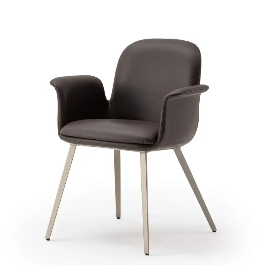 Superior Turri Soul armchair with enveloping design upholstered in dark brown smooth material and satin-finish metal legs