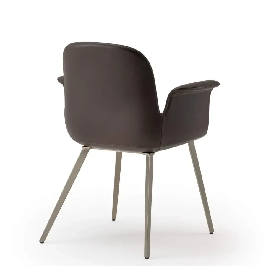 Exceptional Turri Soul armchair with ergonomic silhouette upholstered in dark brown leather with satin metal legs