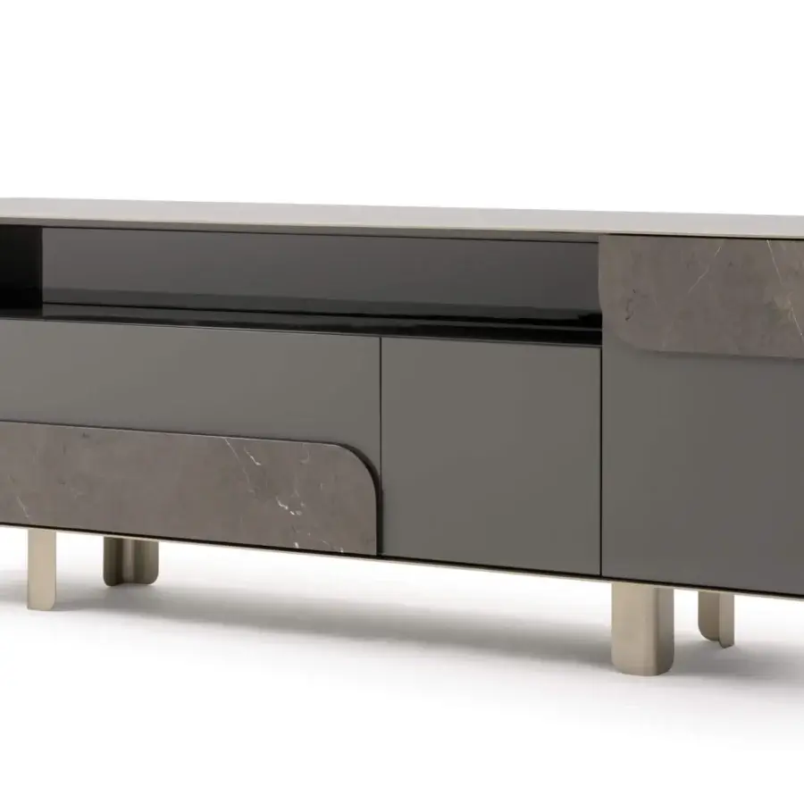 Superior Turri Soul sideboard with gray toned wood, marble-like inserts and glossy dark shelf built with a delicate metal frame