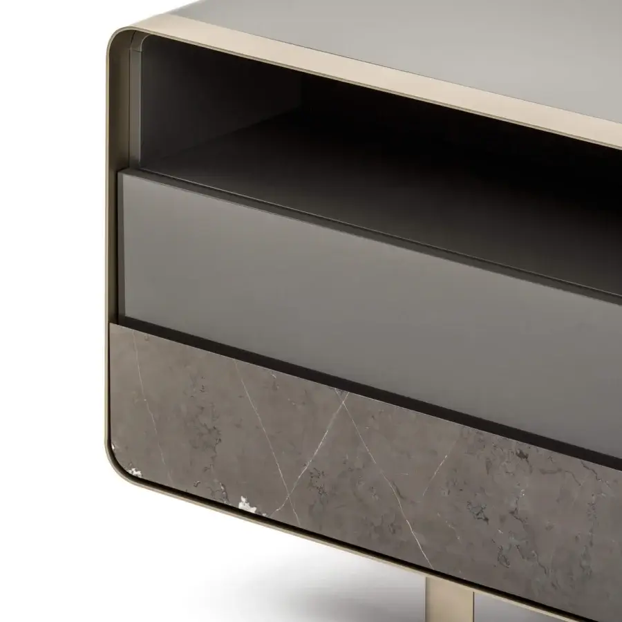 Captivating Turri Soul sideboard with gray tones, marble inserts and gold-tone metal frame detailing