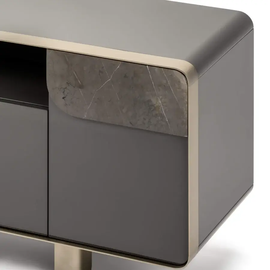 Elegant Turri Soul sideboard with cool gray tones, marble inserts and a striking metal frame
