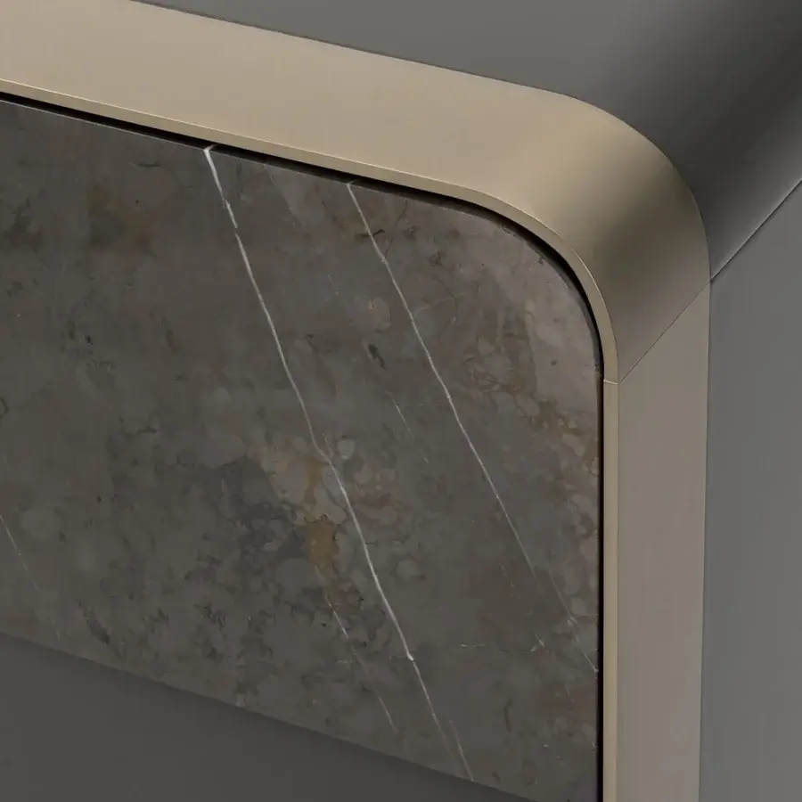 Distinguished Turri Soul sideboard with dark gray marble-like stone top and light bronze metal frame built in Italy