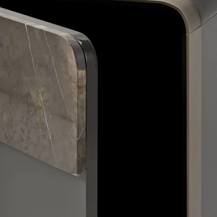 Exceptional Turri Soul sideboard with a gray matte finish and marble slab door exhibiting white and yellow veining