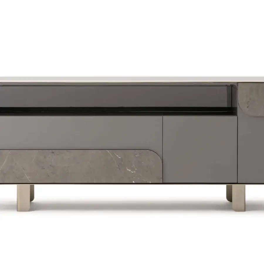 Harmonious Turri Soul sideboard with matte gray finish and stone-like panels displaying gray and beige veining built with a folded metal base