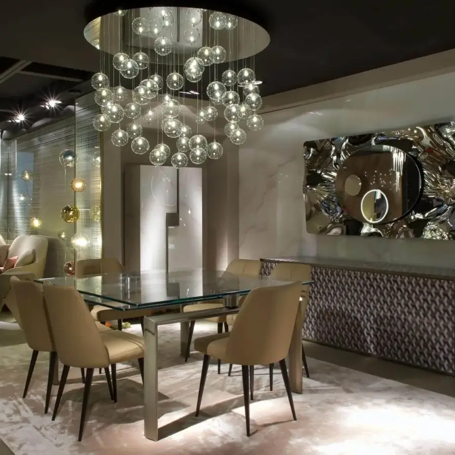 Captivating Reflex Bulles suspension lamp with transparent borosilicate glass spheres and mirrored glass support