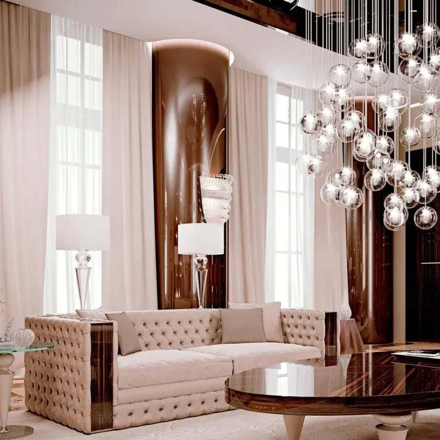 Distinguished Reflex Bulles suspension lamp with clear borosilicate glass spheres and delicate metal cables in a high-gloss finish