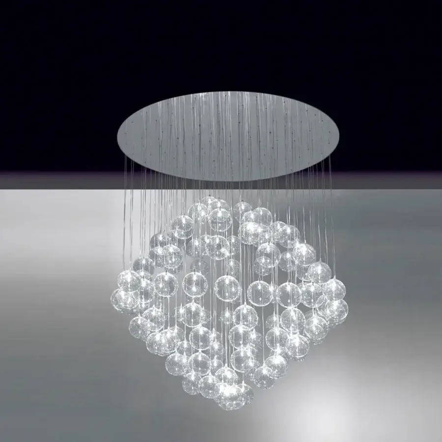 Superior Reflex Bulles suspension lamp with clear borosilicate glass spheres and integrated LEDs suspended from a minimalist metal plate