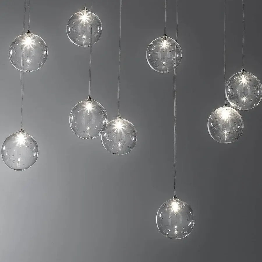 Elegant Reflex Bulles suspension lamp with illuminated clear borosilicate glass spheres and lacquered glass support