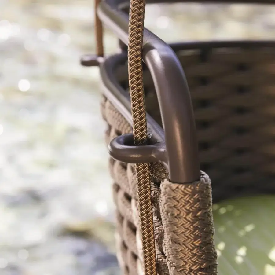 Lavish Roberti Rattan Portofino swing built with aluminum and woven brown Nautic Rope with a smooth matte finish