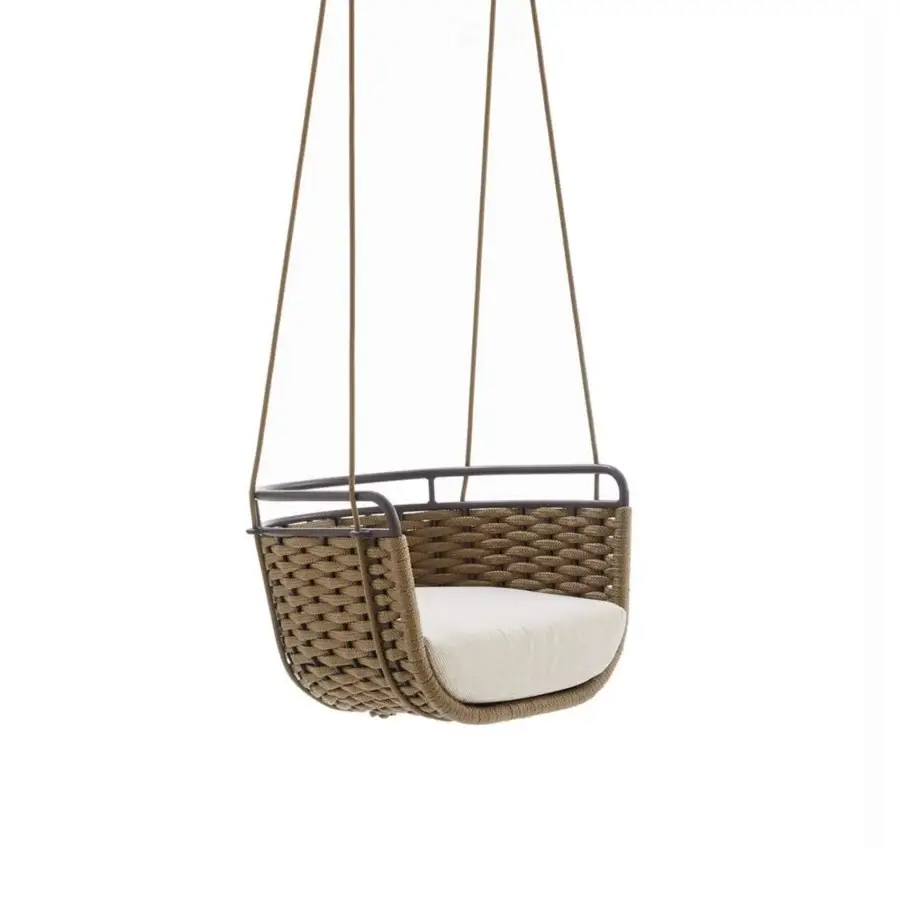 Exceptional Roberti Rattan Portofino swing with woven medium brown Nautic Rope and dark metal frame, softened by a light beige textile cushion