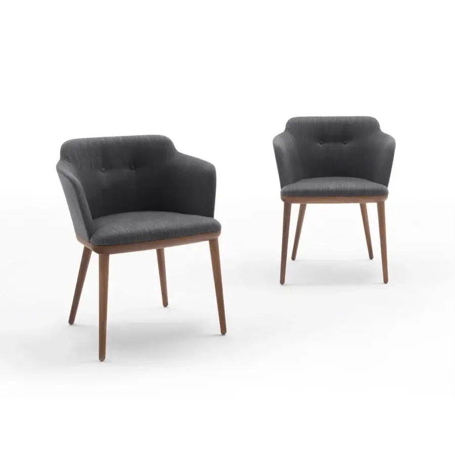 Distinguished Porada Celine armchair with gray textile upholstery and solid Canaletto walnut frame