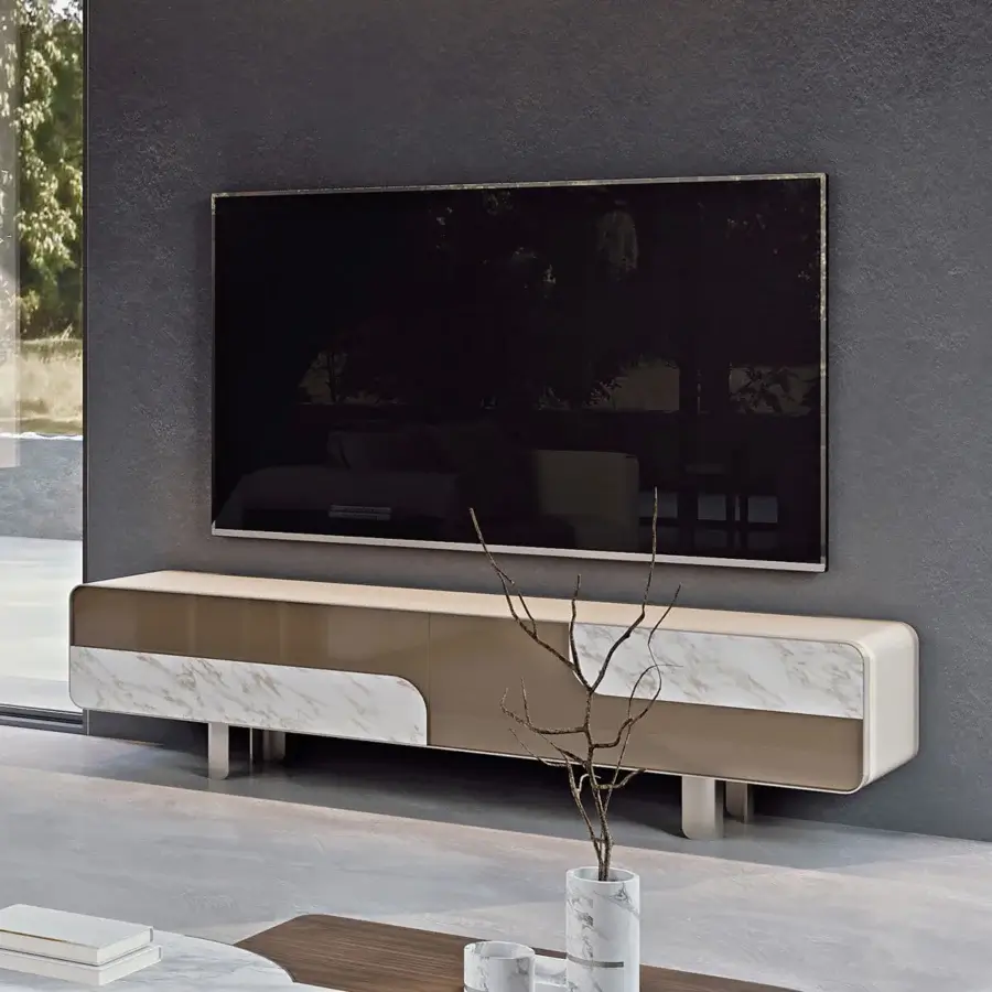 Exceptional Turri Soul TV stand with glossy lacquered finish, marble inserts and a central walnut section crafted with handle-free doors