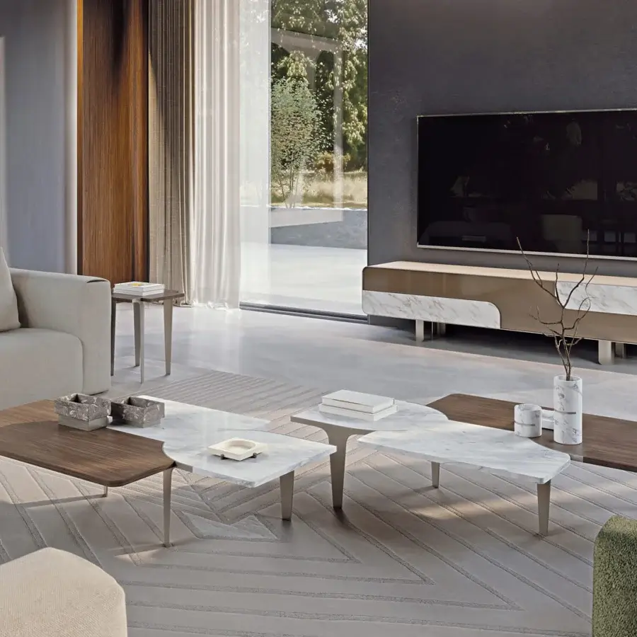 Superior Turri Soul TV stand with walnut inserts, glossy beige lacquered structure and white marble accents
