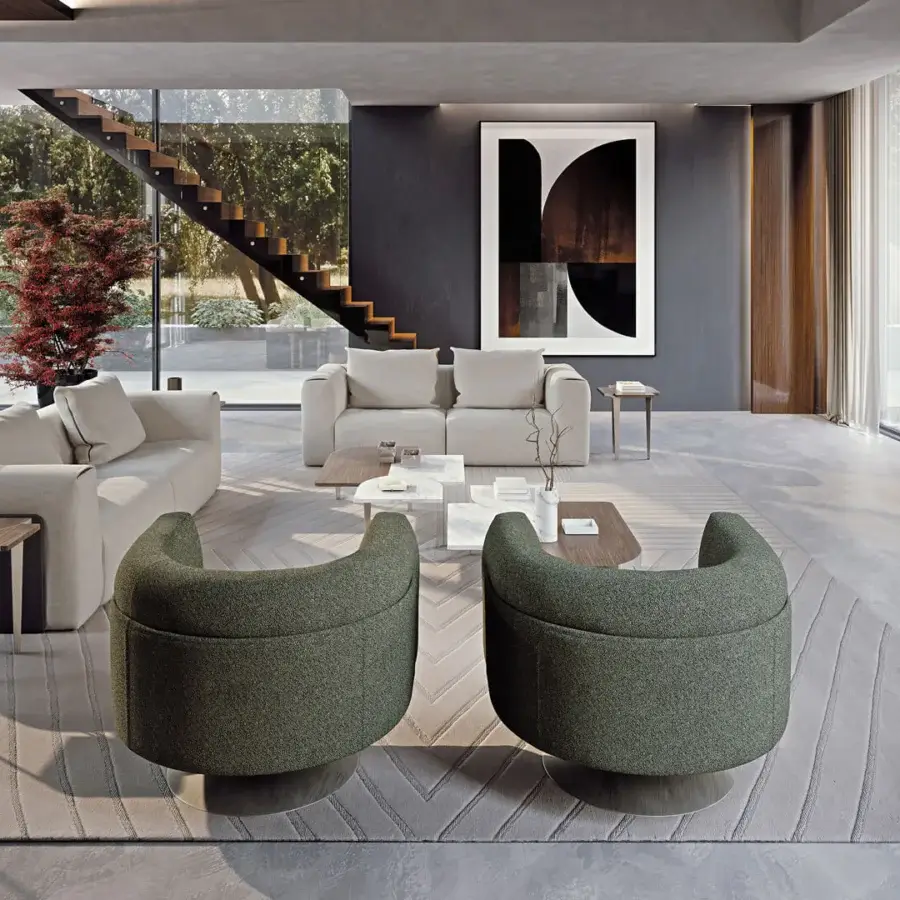 Harmonious Turri Soul TV stand with walnut inserts and a marble slab, built with a matte finish and slender metal base