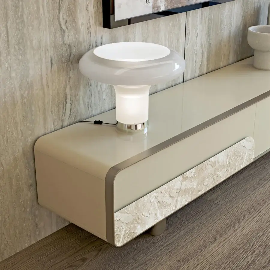 Distinguished Turri Soul TV stand in light beige with faux marble and walnut inserts, boasting a glossy finish