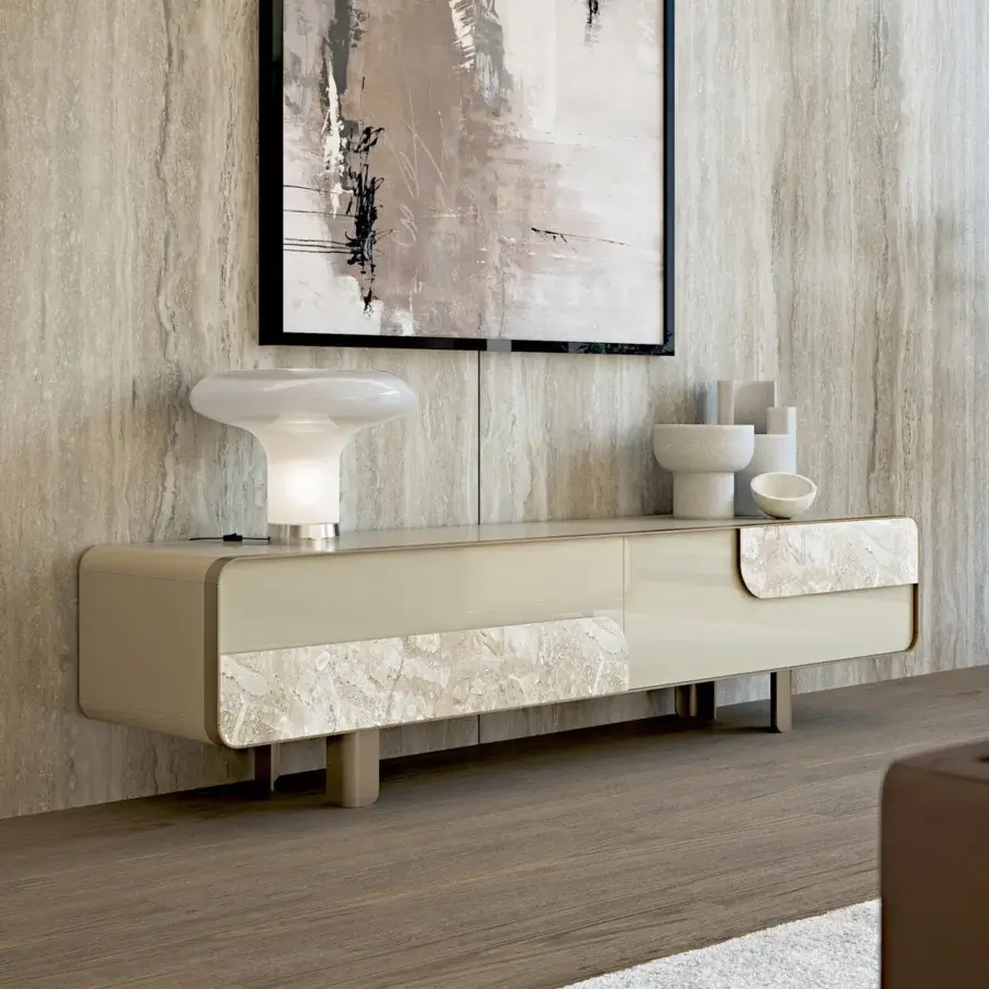 Elegant Turri Soul TV stand in light beige lacquer with simulated marble inserts and a metal frame