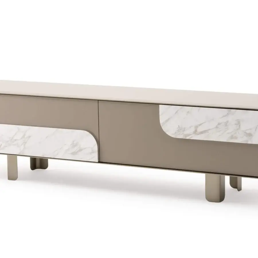 Superior Turri Soul TV stand with rounded edges in lacquered taupe and white marble inserts with metal frame detail