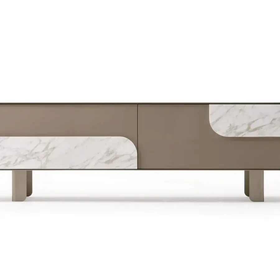 Exceptional Turri Soul TV stand crafted in walnut with matte finish and white marble-like inserts exhibiting balanced proportions