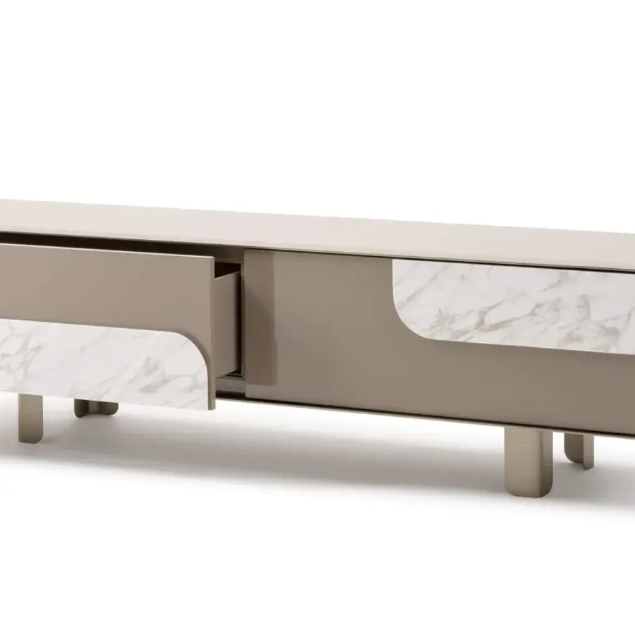 Distinguished Turri Soul TV stand with rounded edges upholstered in white and gray marble-patterned finish and beige metal legs