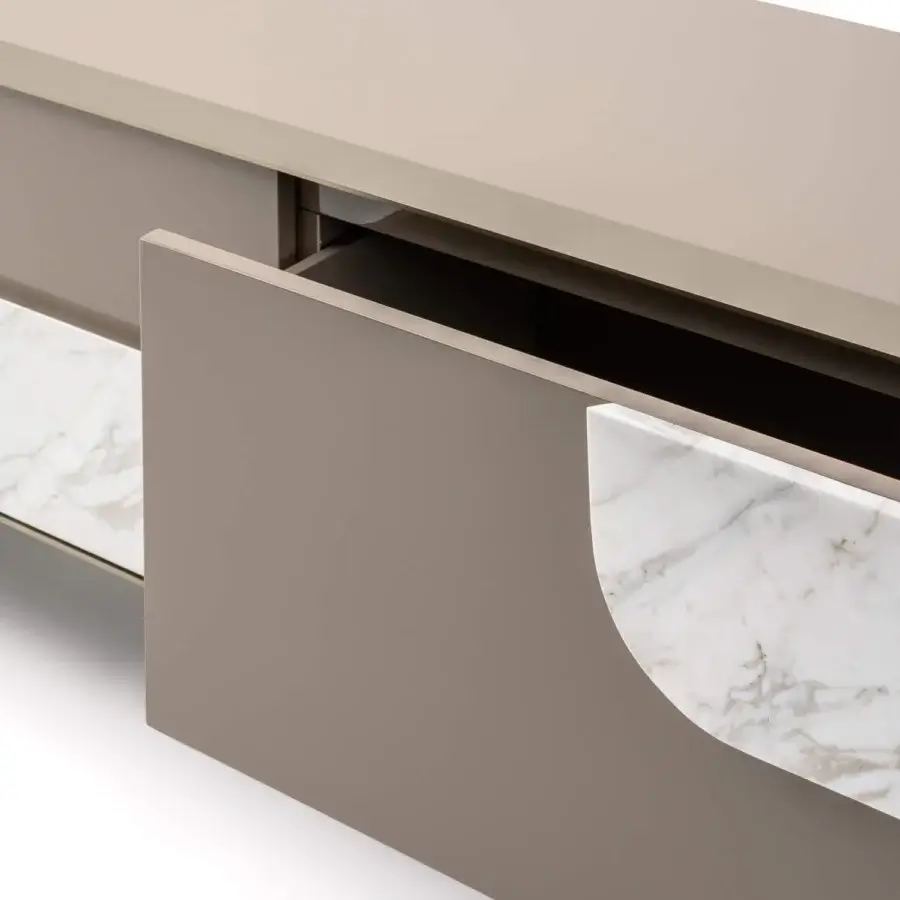 Elegant Turri Soul TV stand with lacquered taupe structure and white marble drawer inserts crafted in Italy