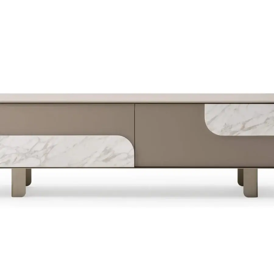 Superior Turri Soul TV stand with walnut structure, light brown matte lacquer, and white marble inserts with gray veining