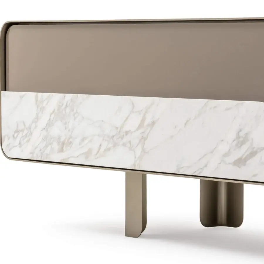Exceptional Turri Soul TV stand with matte taupe and marble-patterned sections built with a metal frame and walnut inserts