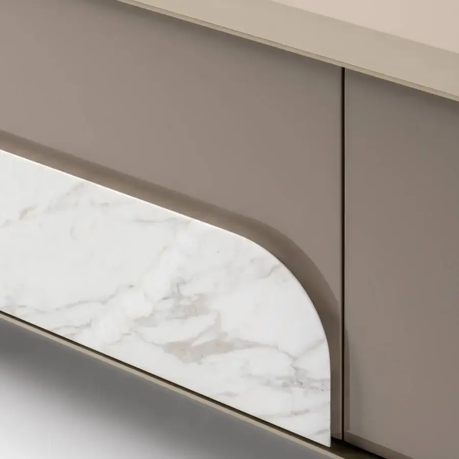 Distinguished Turri Soul TV stand with metal frame, lacquered structure and white marble insert in a sleek taupe finish