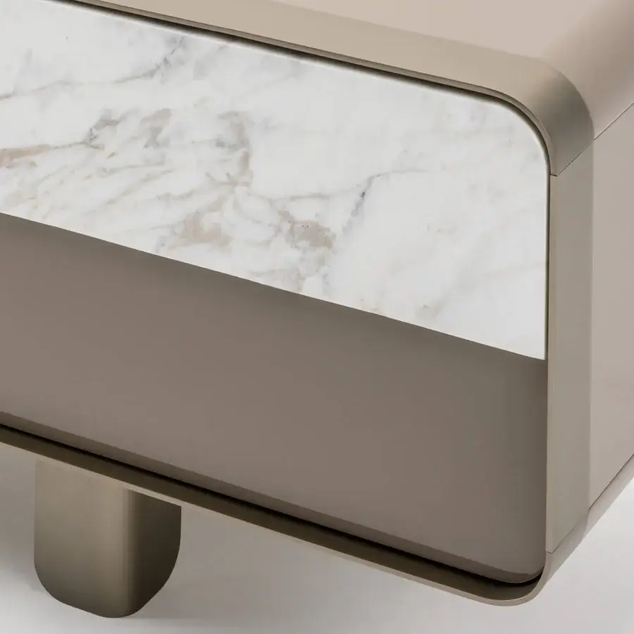 Superior Turri Soul TV stand with beige and taupe lacquered sections, metal frame and marble insert