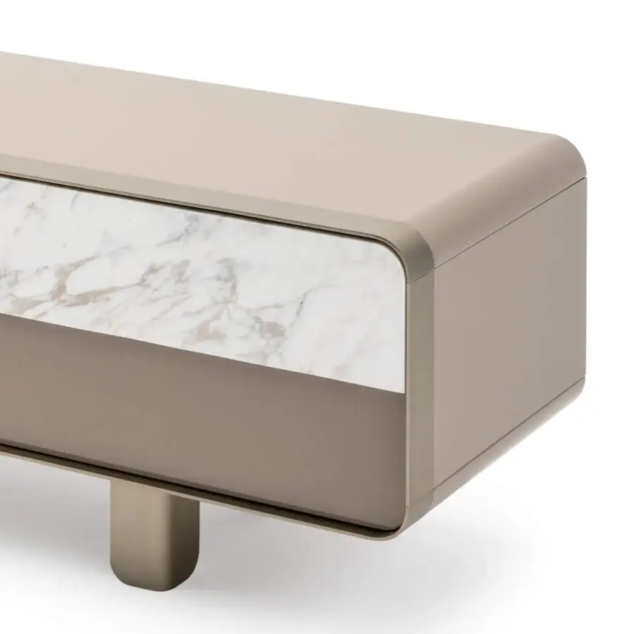 Elegant Turri Soul TV stand with taupe lacquered structure and marble insert displaying white veining