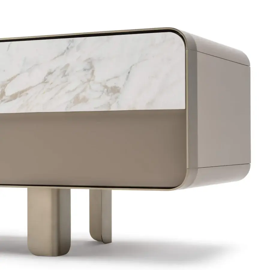 Exceptional Turri Soul TV stand with marble top, taupe lacquered structure and metal frame built in Italy